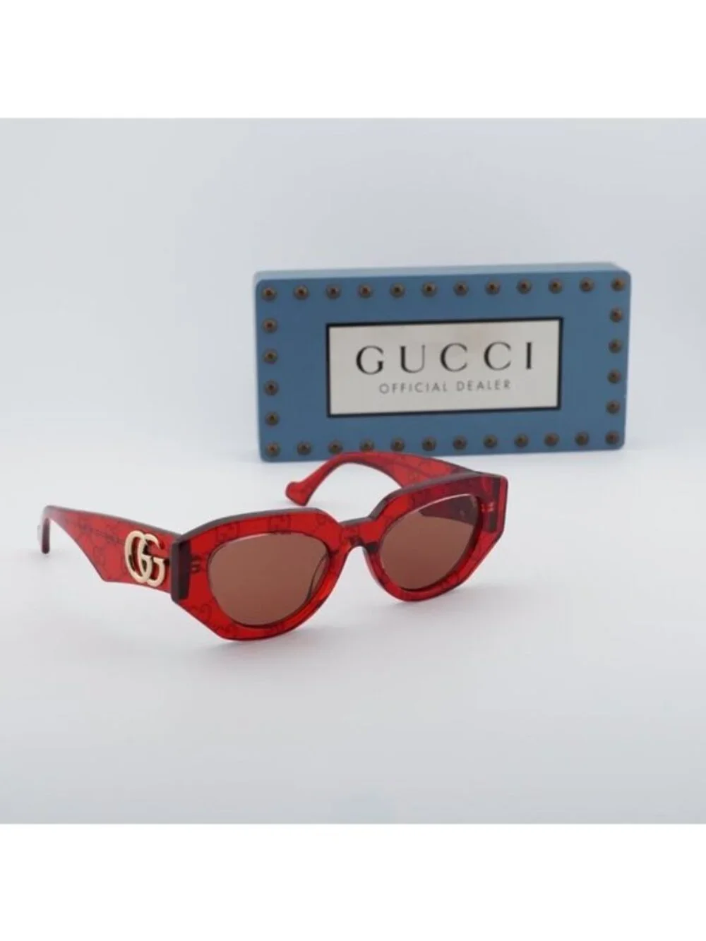 Gucci GG1421S 006 Geometric Sunglasses - Transparent Red with GG Pattern/Brown